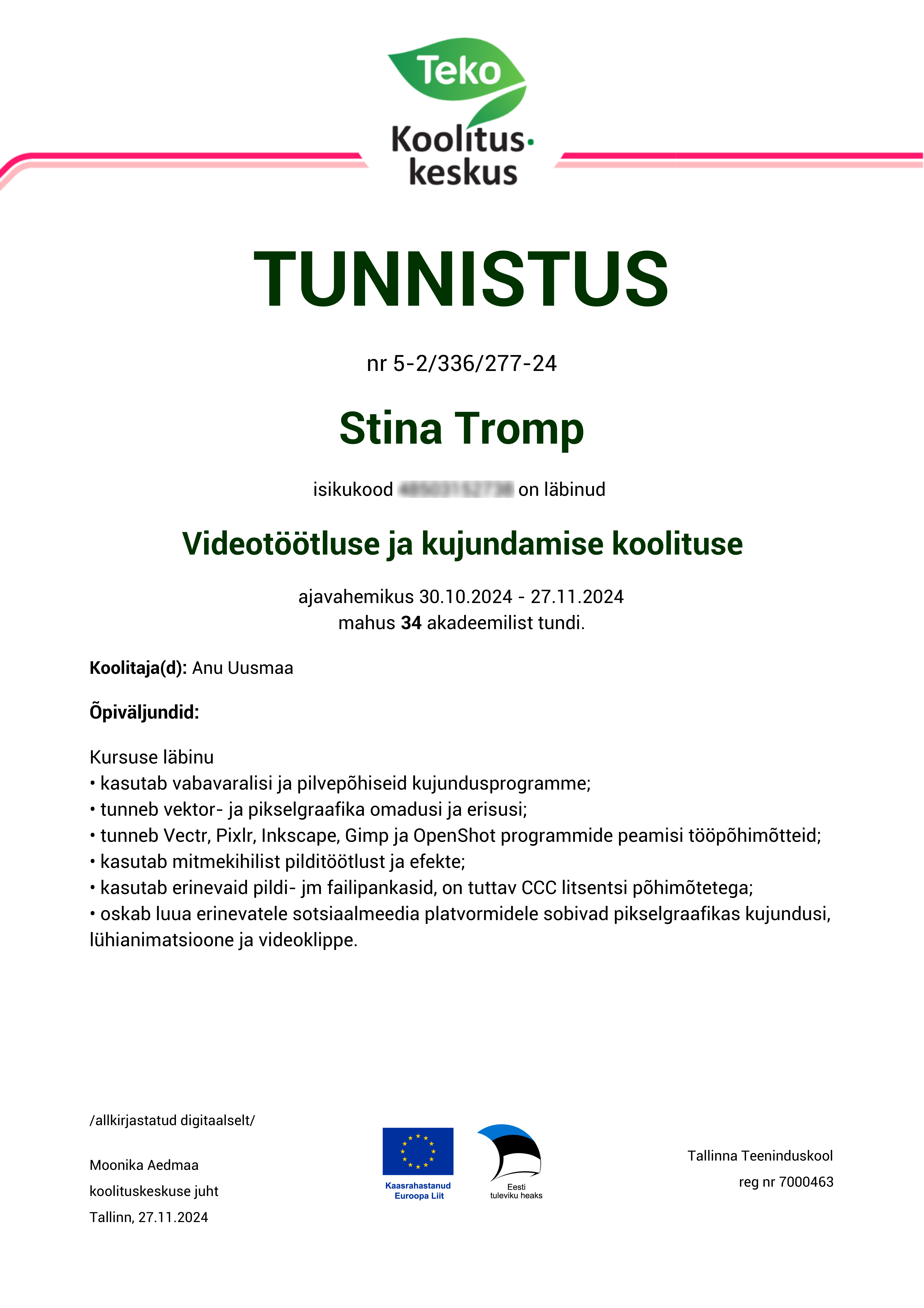Videotöötluse ja kujundamise koolitus – Tallinna Majanduskool
